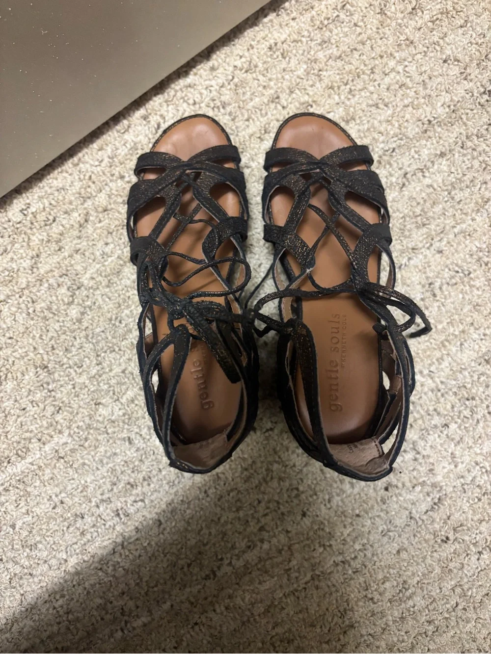gentle souls Black Lace-Up Wedge Sandals